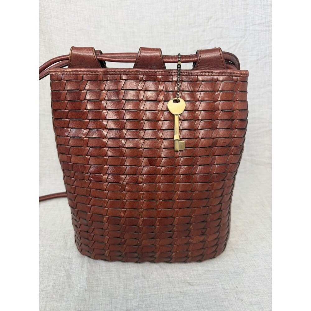 Vintage Fossil Woven Brown Leather Bucket Shopper Shoulder crossbody Bag 75082